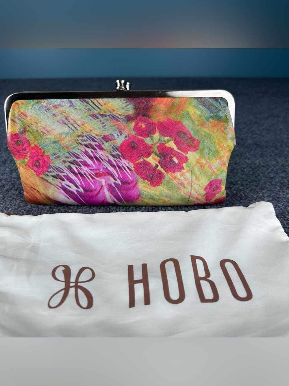 HOBO Lauren Jewel Tone Watercolor Floral Bi-fold Magnetic Clutch w Bag ~ Luxury